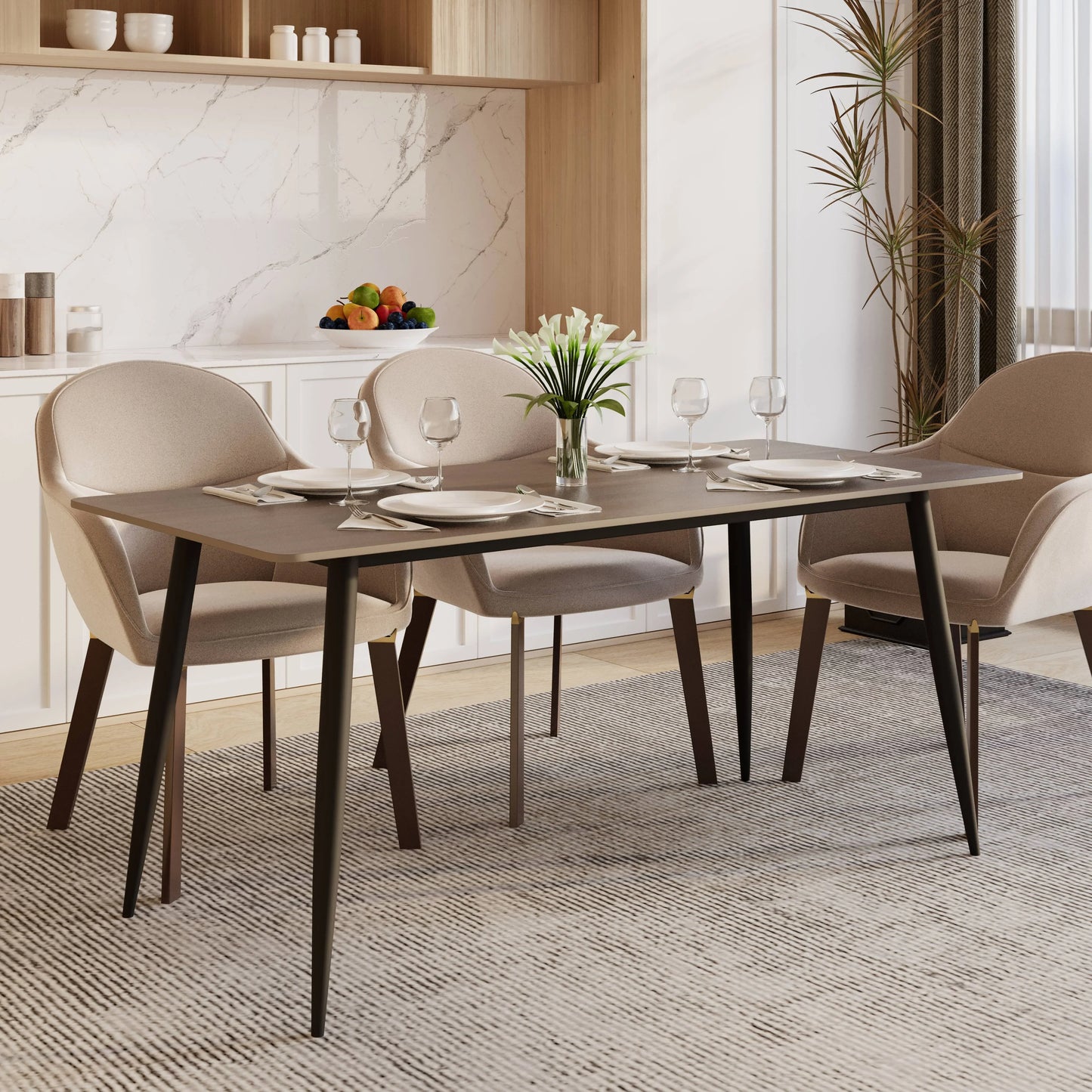 Zayle Modern Dining Table with a Rectangular Glass/Stone Tabletop in Steel - Elax Furniture