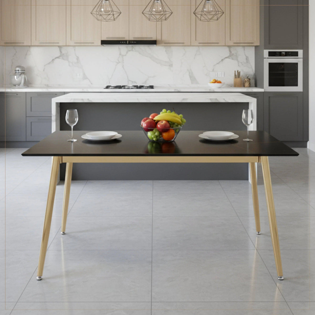 Zayle Modern Dining Table with a Rectangular Glass/Stone Tabletop in Steel