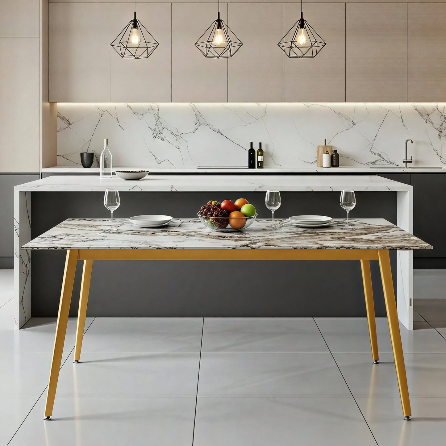 Zayle Modern Dining Table with a Rectangular Glass/Stone Tabletop in Steel