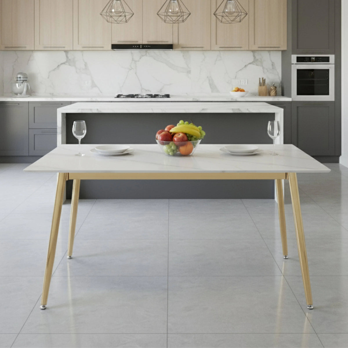 Zayle Modern Dining Table with a Rectangular Glass/Stone Tabletop in Steel