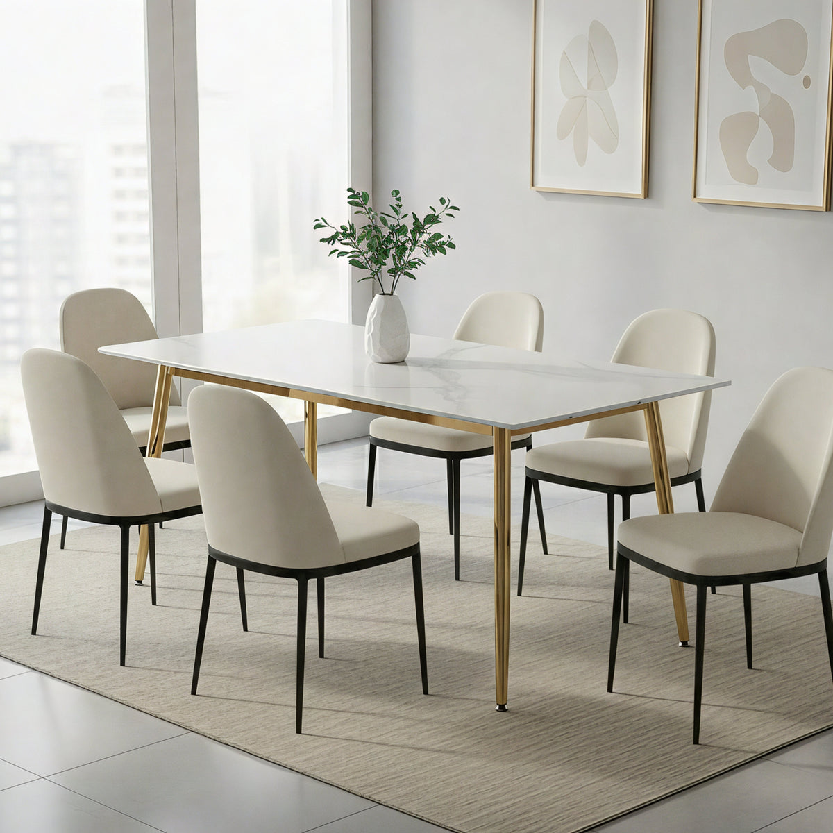 Zayle Rectangular Dining Table with a Sintered Stone Tabletop and a Stainless Steel Base Gold White Marble Dining Table Leisuremod