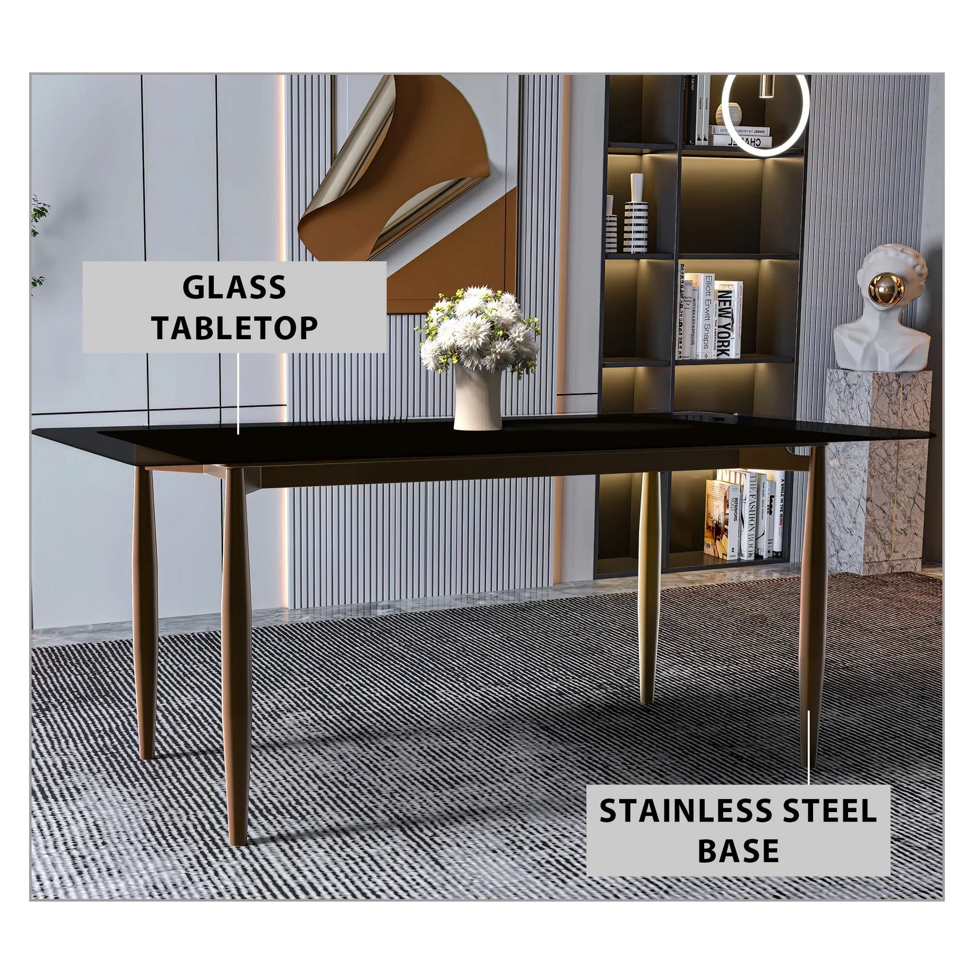 Zinti Dining Table with Glass or Sintered Stone Rectangular Wide Tabletop with Steel Base and Legs - Elax Furniture