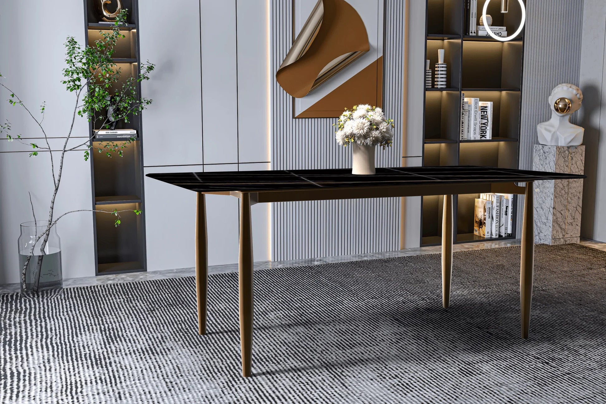 Zinti Dining Table with Glass or Sintered Stone Rectangular Wide Tabletop with Steel Base and Legs - Elax Furniture