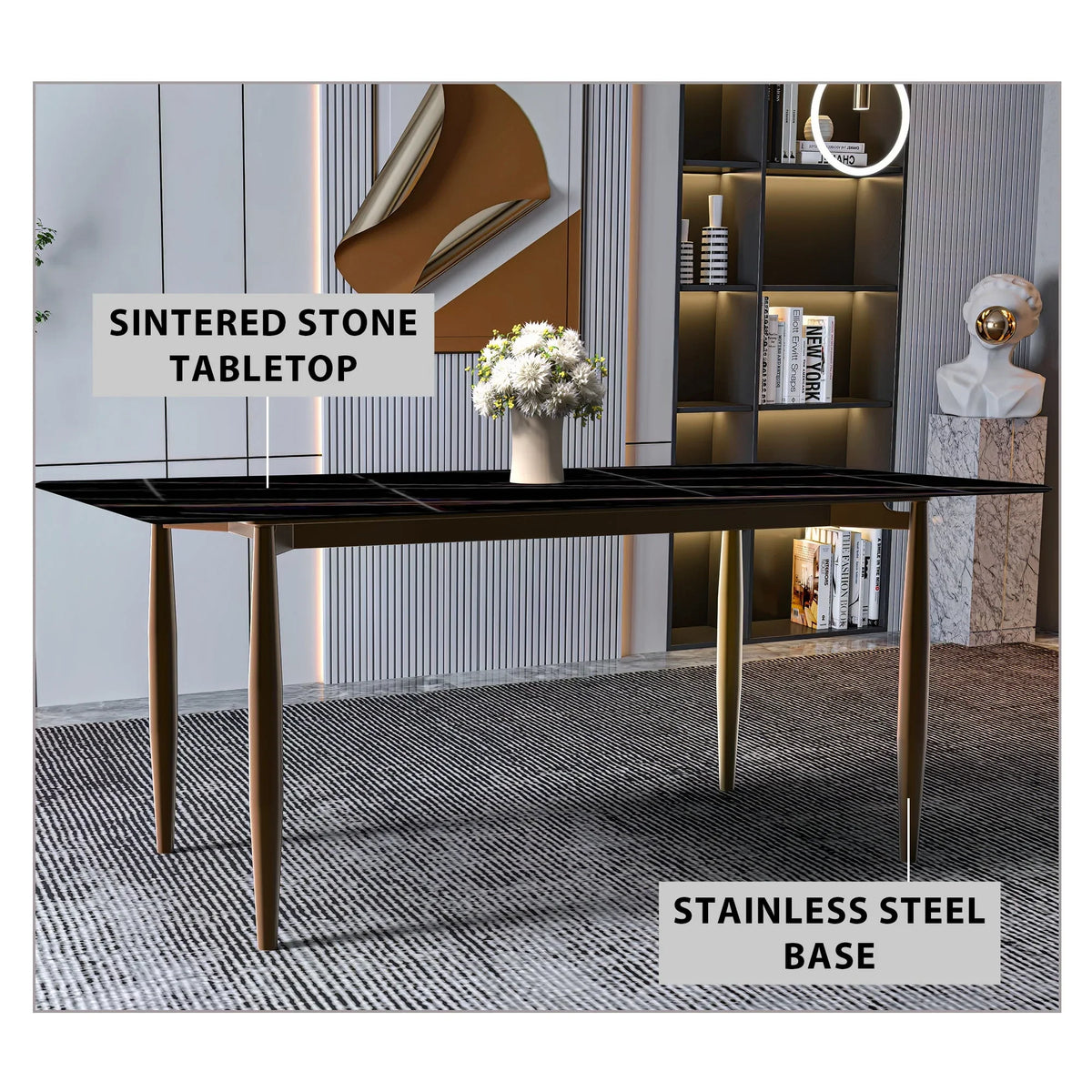 Zinti Dining Table with Glass or Sintered Stone Rectangular Wide Tabletop with Steel Base and Legs - Elax Furniture