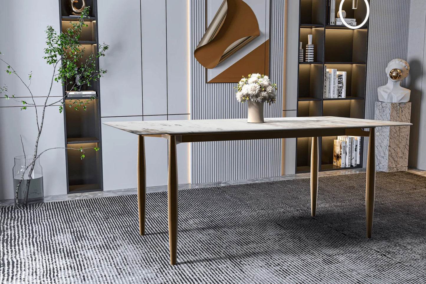 Zinti Dining Table with Glass or Sintered Stone Rectangular Wide Tabletop with Steel Base and Legs - Elax Furniture