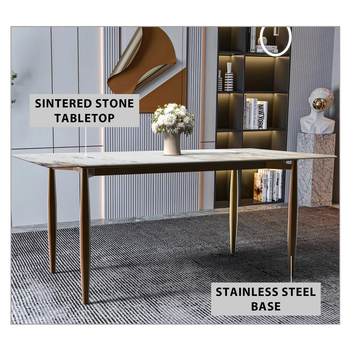 Zinti Dining Table with Glass or Sintered Stone Rectangular Wide Tabletop with Steel Base and Legs - Elax Furniture