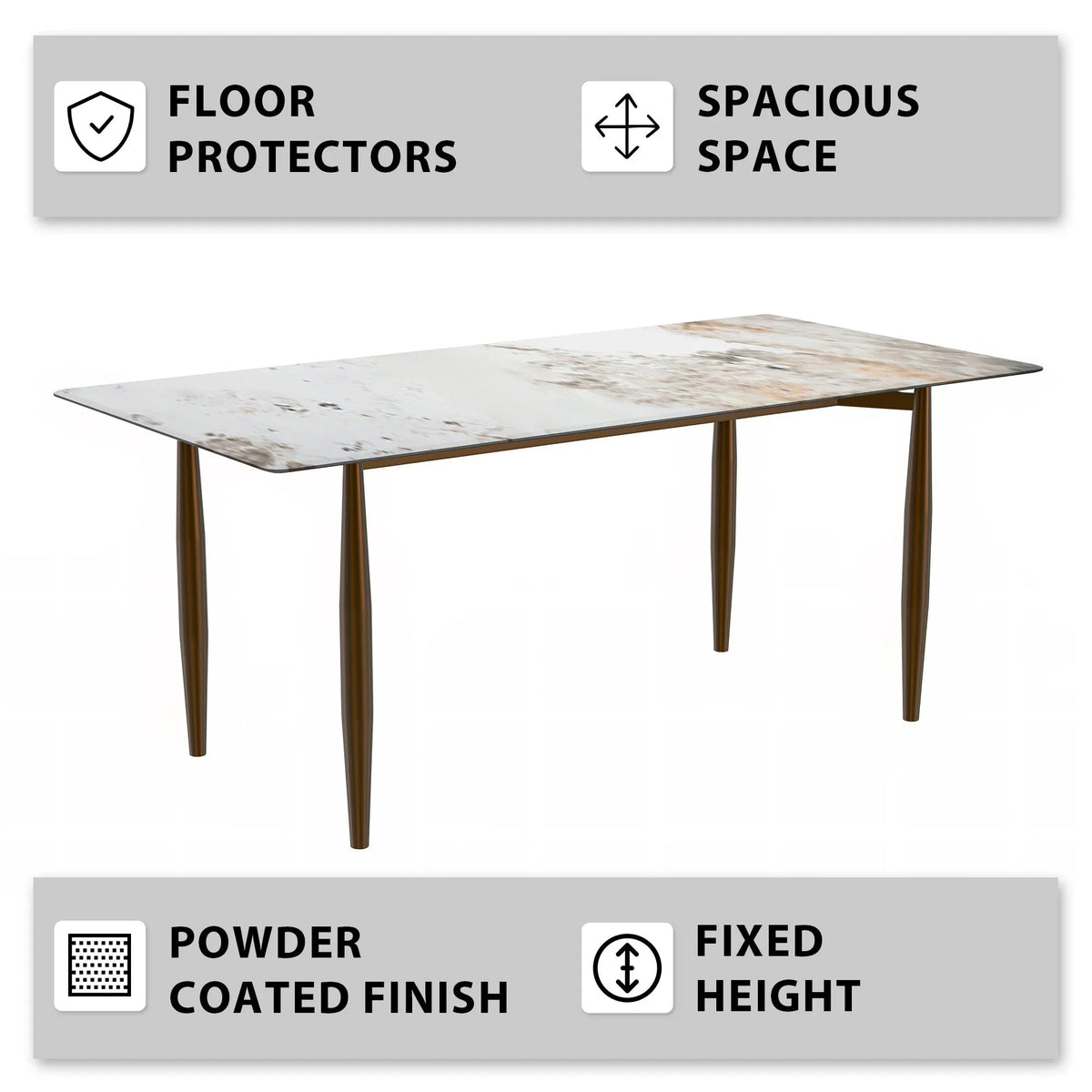 Zinti Dining Table with Glass or Sintered Stone Rectangular Wide Tabletop with Steel Base and Legs - Elax Furniture