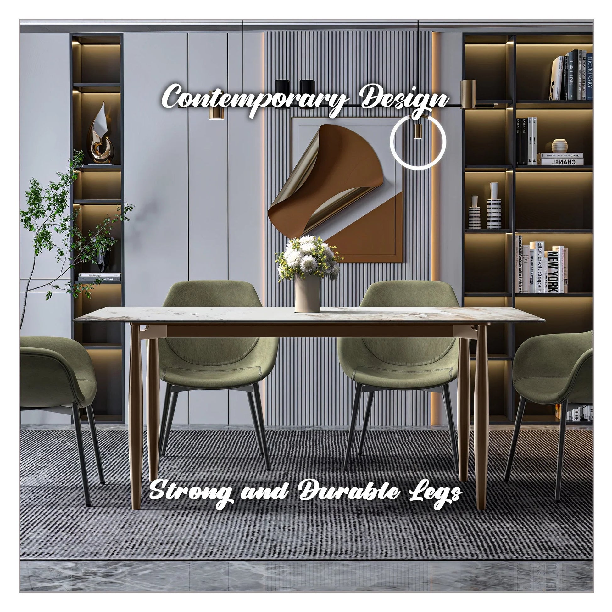 Zinti Dining Table with Glass or Sintered Stone Rectangular Wide Tabletop with Steel Base and Legs - Elax Furniture