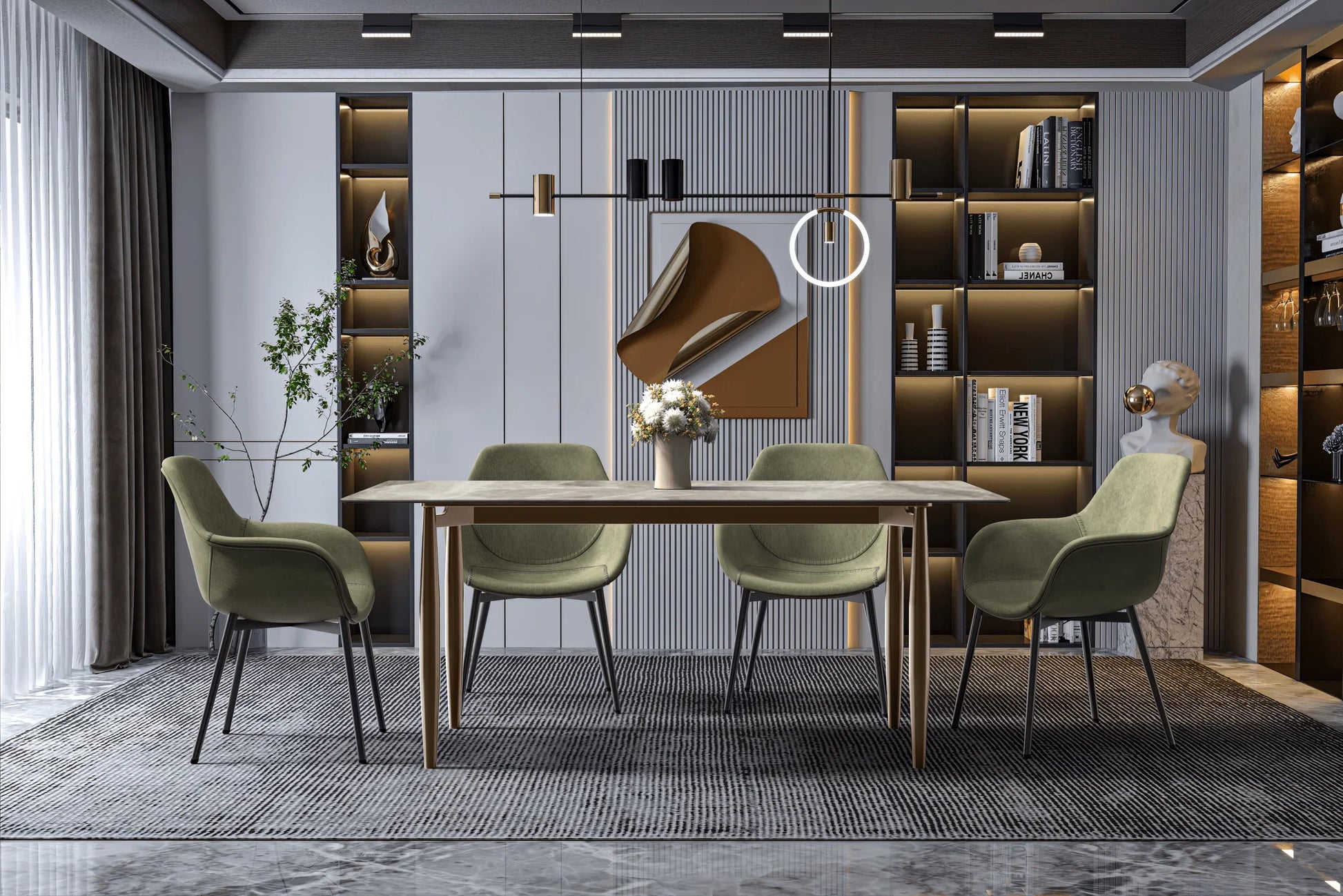 Zinti Dining Table with Glass or Sintered Stone Rectangular Wide Tabletop with Steel Base and Legs - Elax Furniture