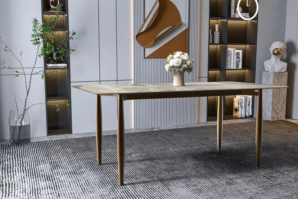 Zinti Dining Table with Glass or Sintered Stone Rectangular Wide Tabletop with Steel Base and Legs - Elax Furniture