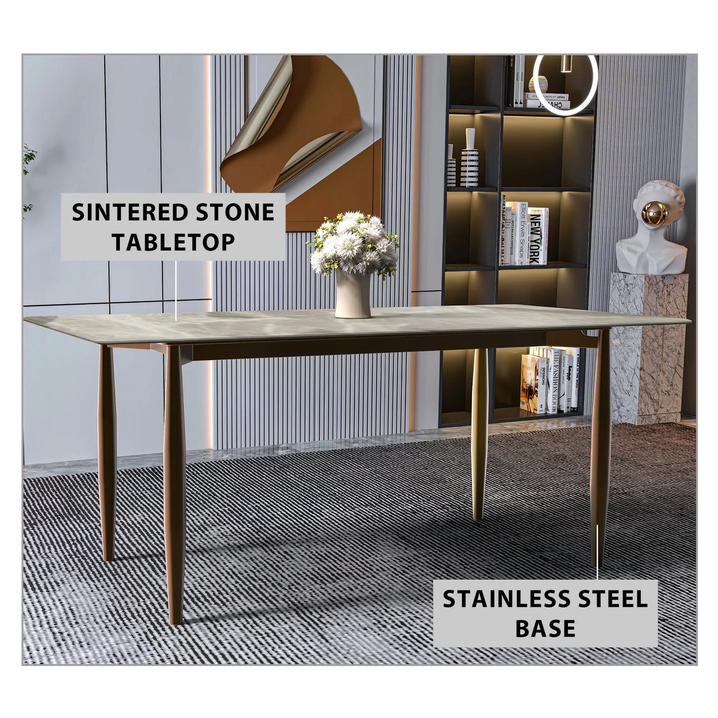 Zinti Dining Table with Glass or Sintered Stone Rectangular Wide Tabletop with Steel Base and Legs - Elax Furniture