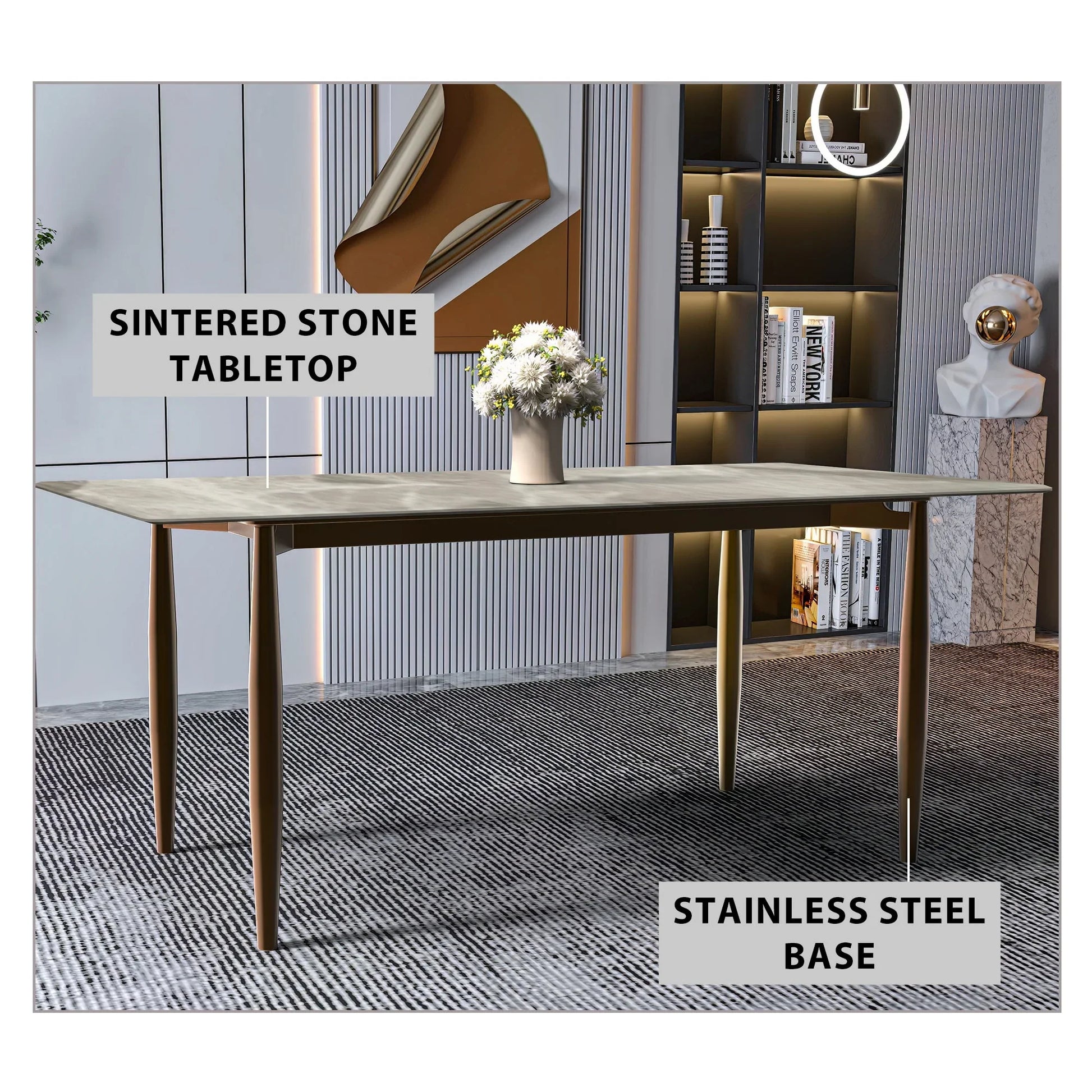 Zinti Dining Table with Glass or Sintered Stone Rectangular Wide Tabletop with Steel Base and Legs - Elax Furniture