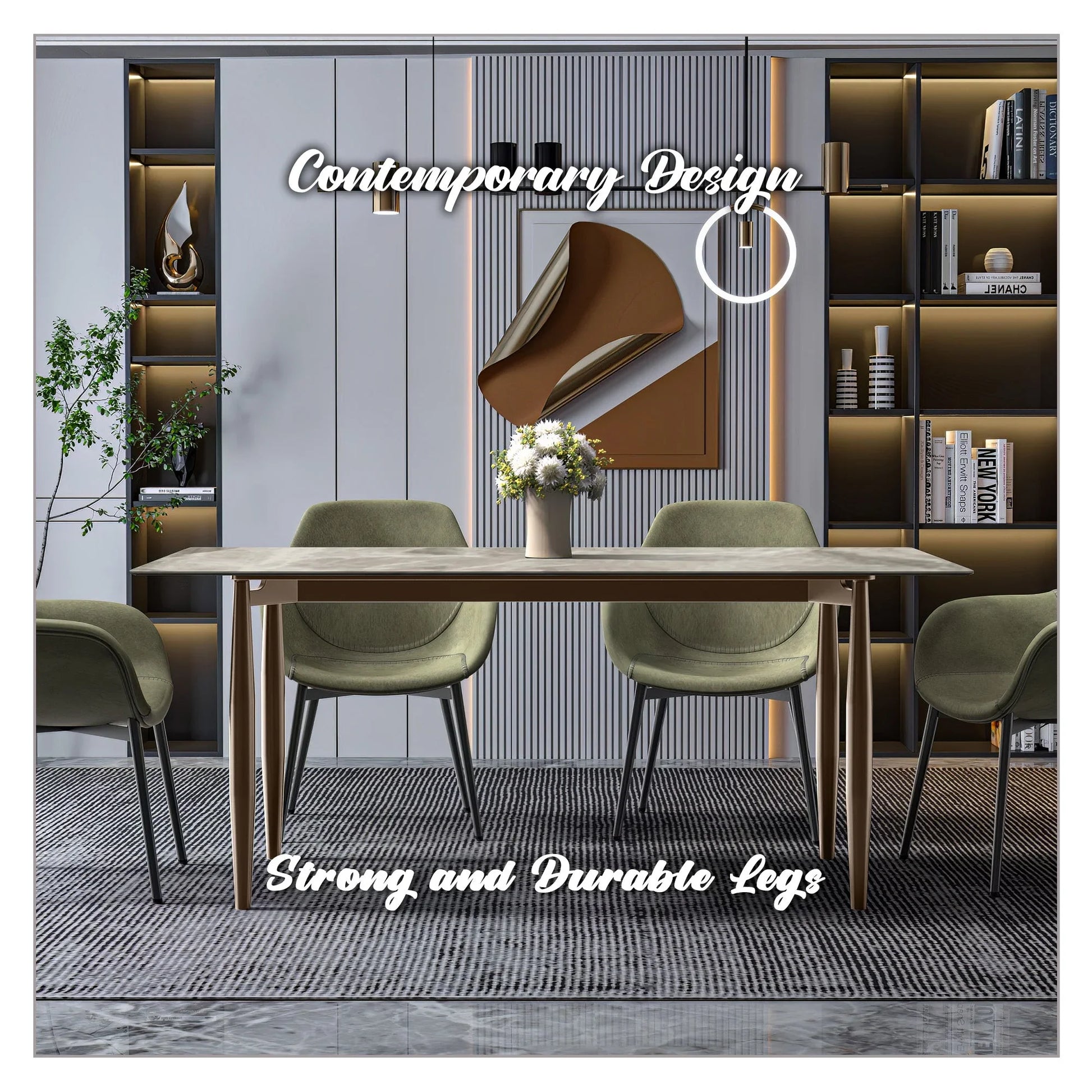 Zinti Dining Table with Glass or Sintered Stone Rectangular Wide Tabletop with Steel Base and Legs - Elax Furniture