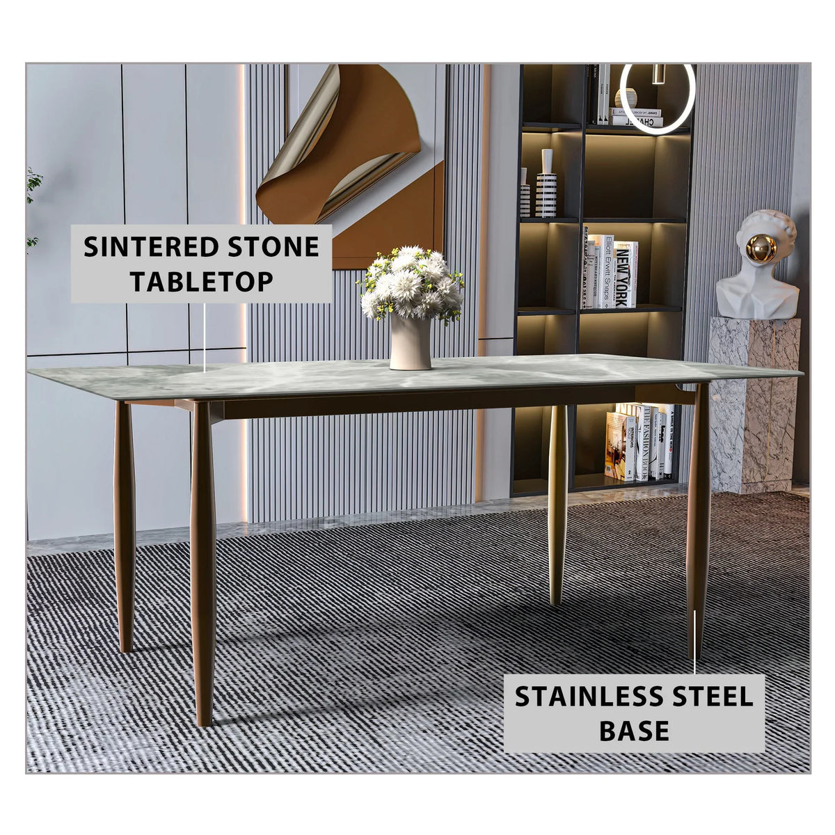 Zinti Dining Table with Glass or Sintered Stone Rectangular Wide Tabletop with Steel Base and Legs - Elax Furniture