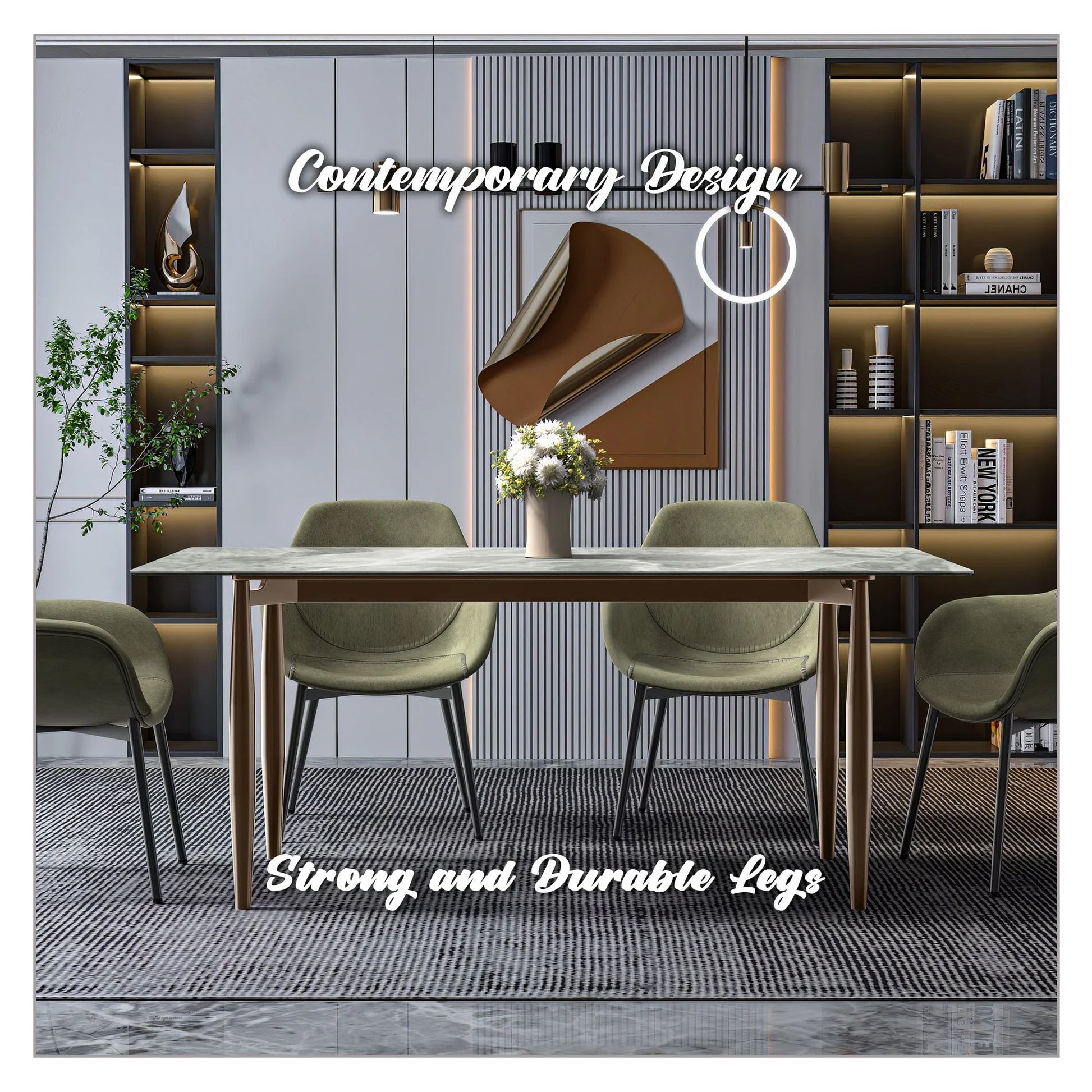 Zinti Dining Table with Glass or Sintered Stone Rectangular Wide Tabletop with Steel Base and Legs - Elax Furniture