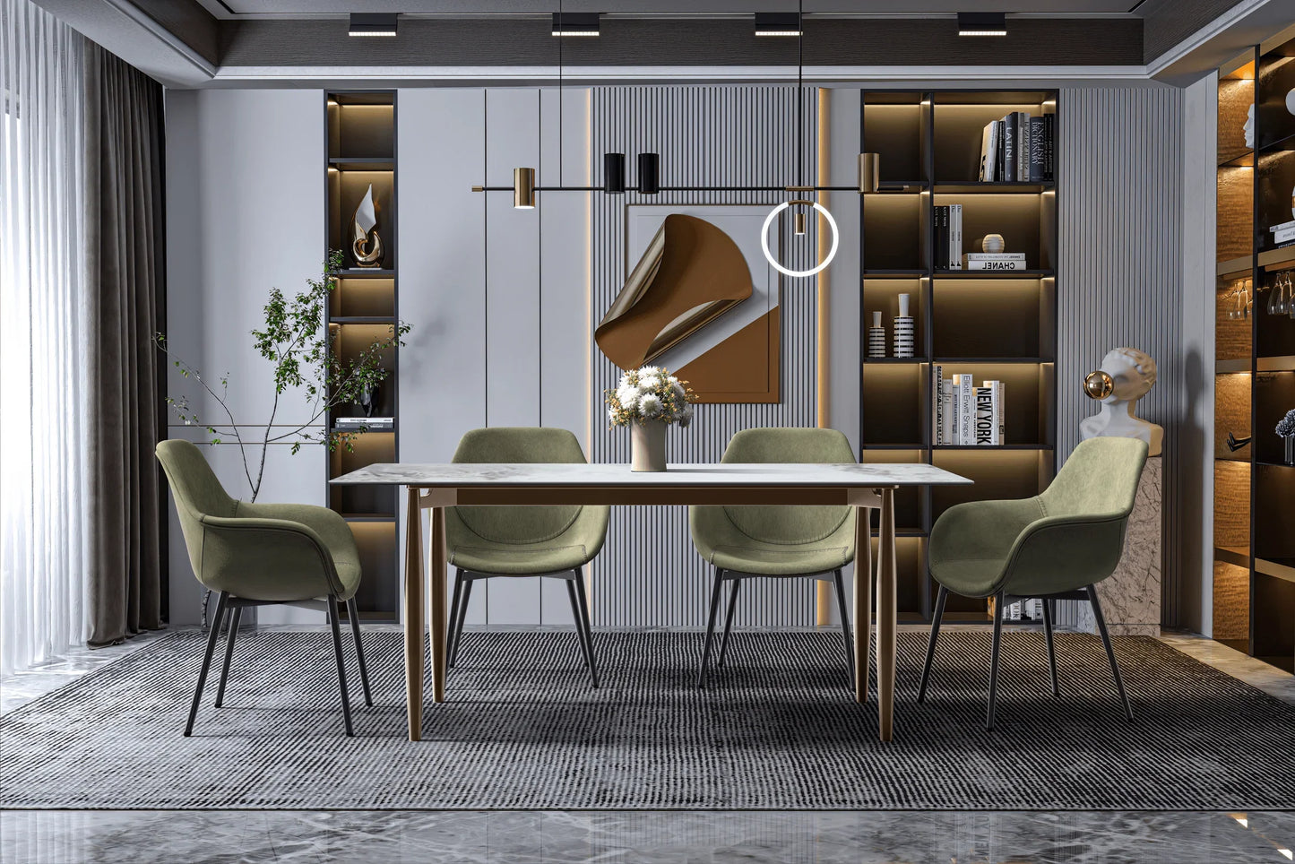 Zinti Dining Table with Glass or Sintered Stone Rectangular Wide Tabletop with Steel Base and Legs - Elax Furniture