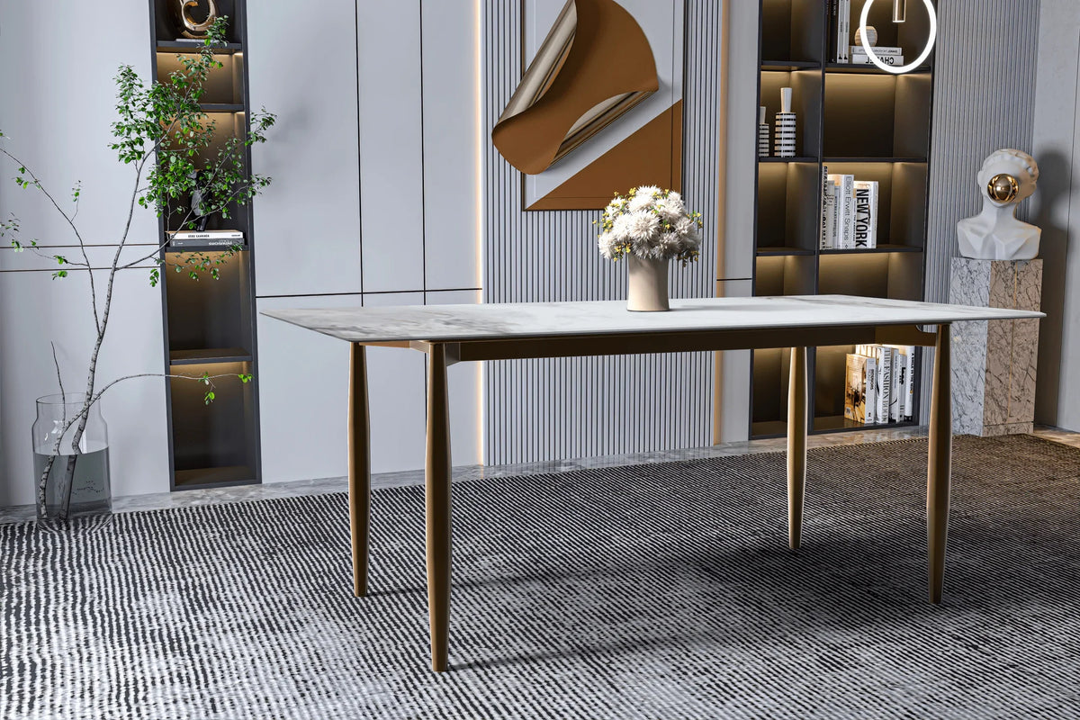 Zinti Dining Table with Glass or Sintered Stone Rectangular Wide Tabletop with Steel Base and Legs - Elax Furniture