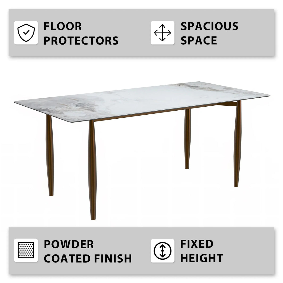 Zinti Dining Table with Glass or Sintered Stone Rectangular Wide Tabletop with Steel Base and Legs - Elax Furniture