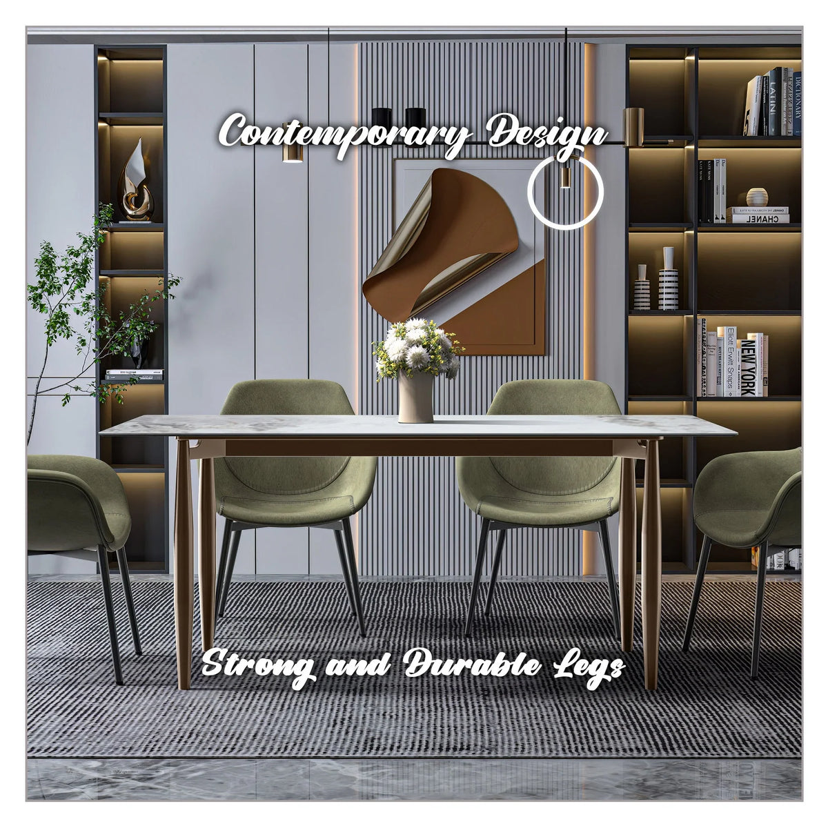 Zinti Dining Table with Glass or Sintered Stone Rectangular Wide Tabletop with Steel Base and Legs - Elax Furniture