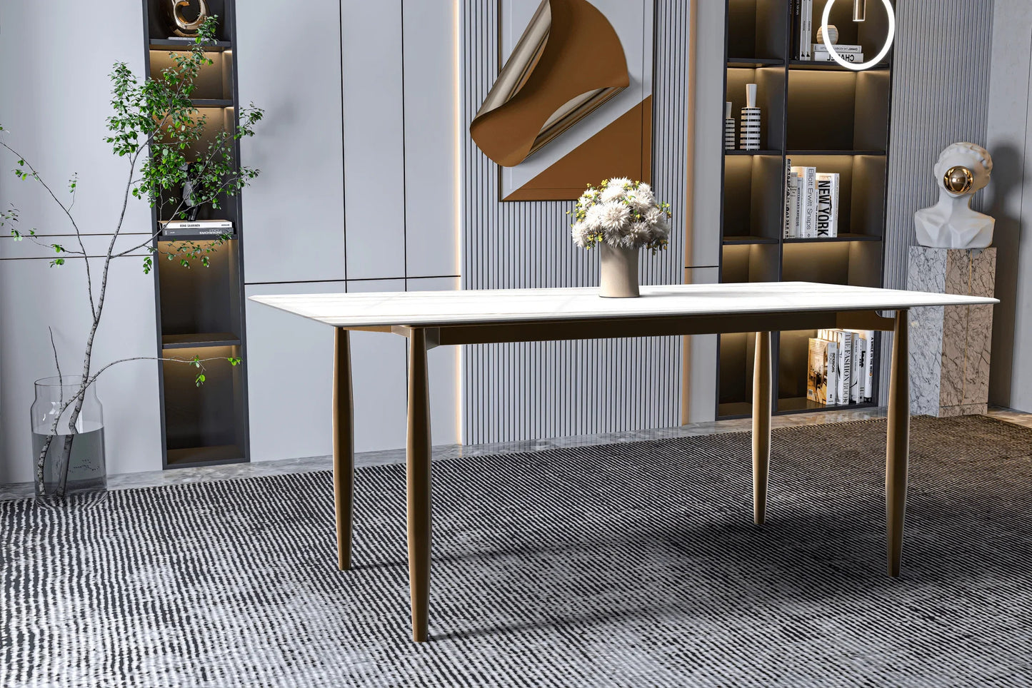 Zinti Dining Table with Glass or Sintered Stone Rectangular Wide Tabletop with Steel Base and Legs - Elax Furniture