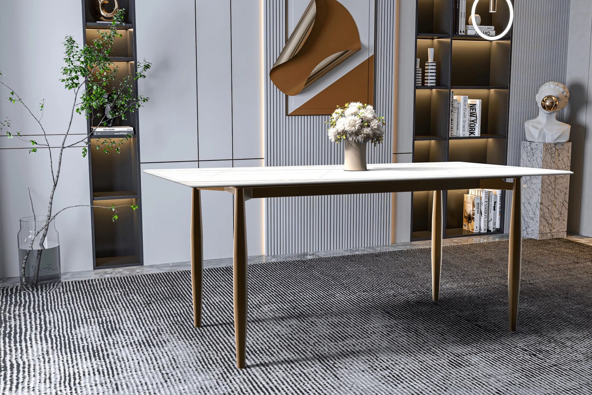Zinti Dining Table with Glass or Sintered Stone Rectangular Wide Tabletop with Steel Base and Legs - Elax Furniture