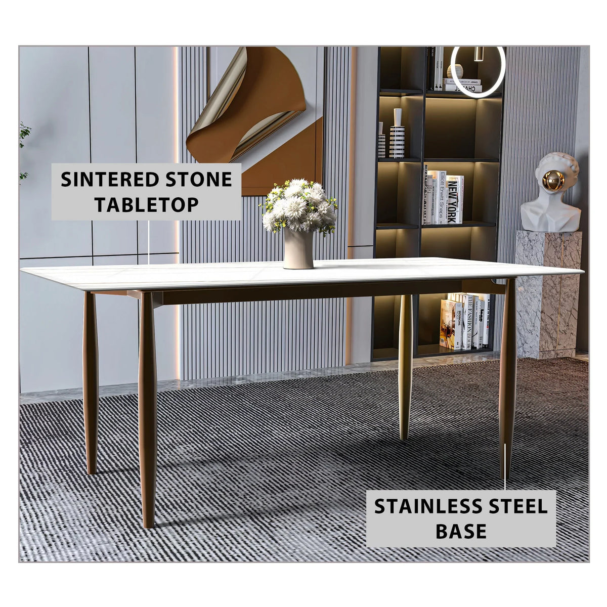 Zinti Dining Table with Glass or Sintered Stone Rectangular Wide Tabletop with Steel Base and Legs - Elax Furniture