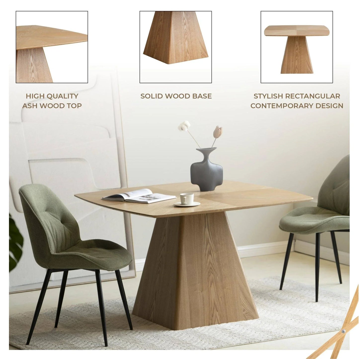 Zephry 47" Square Dining Table in Ash Wood Veneer with Tapered Iron Pedestal Base - Elax Furniture