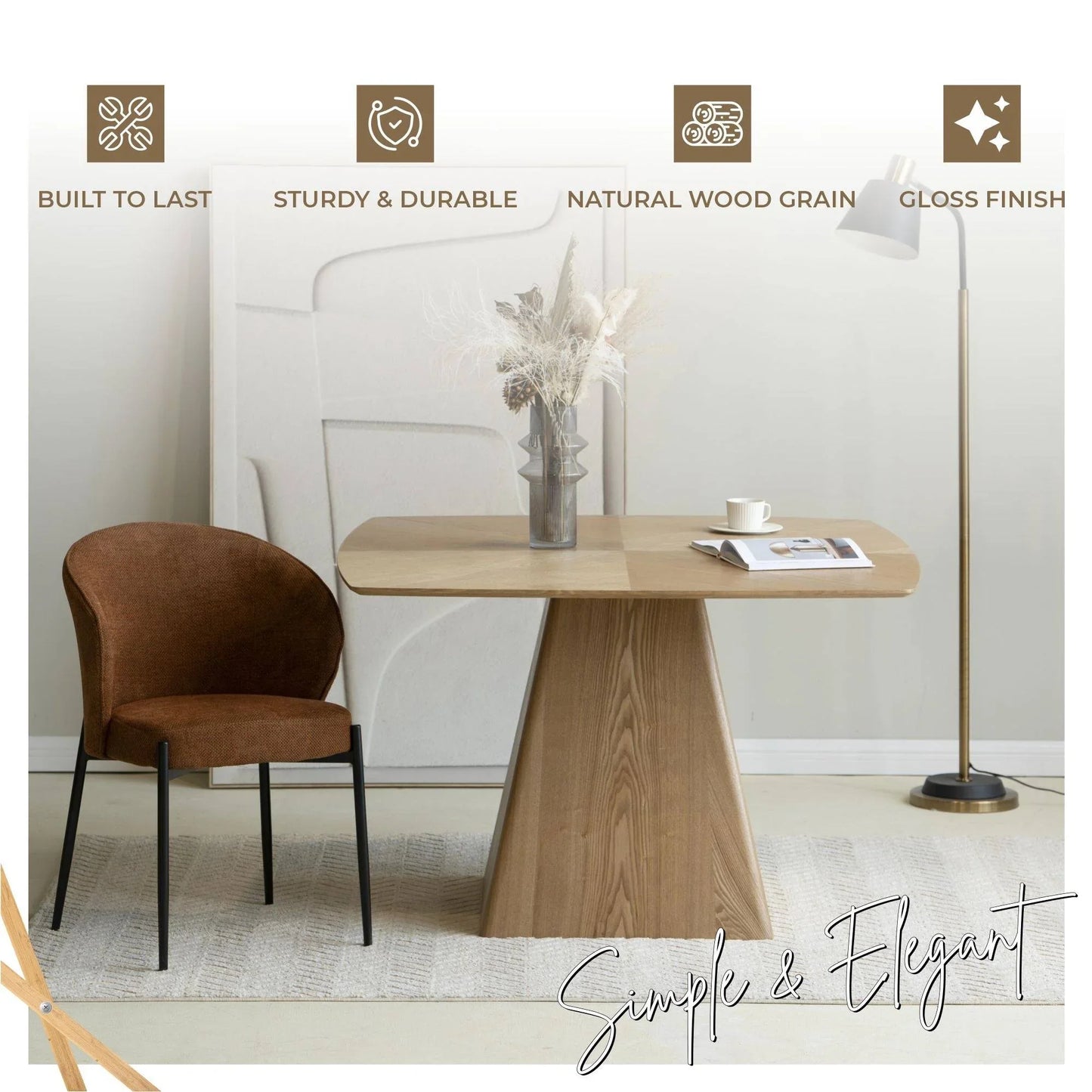 Zephry 47" Square Dining Table in Ash Wood Veneer with Tapered Iron Pedestal Base - Elax Furniture