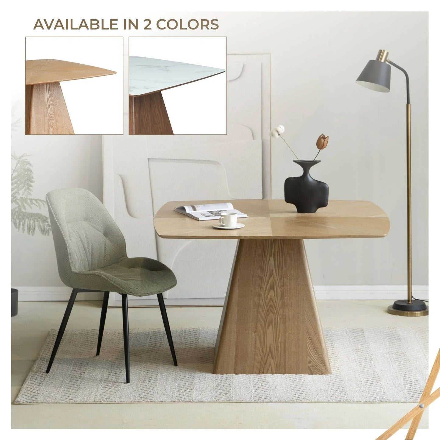 Zephry 47" Square Dining Table in Ash Wood Veneer with Tapered Iron Pedestal Base - Elax Furniture