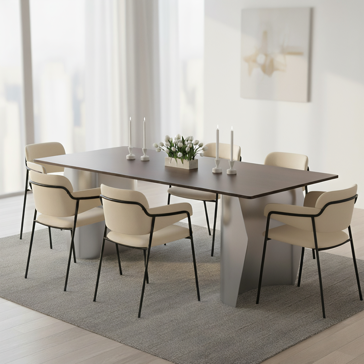 Zelan Dining Table with Rectangular Sintered Stone Tabletop and Stainless Steel Legs
