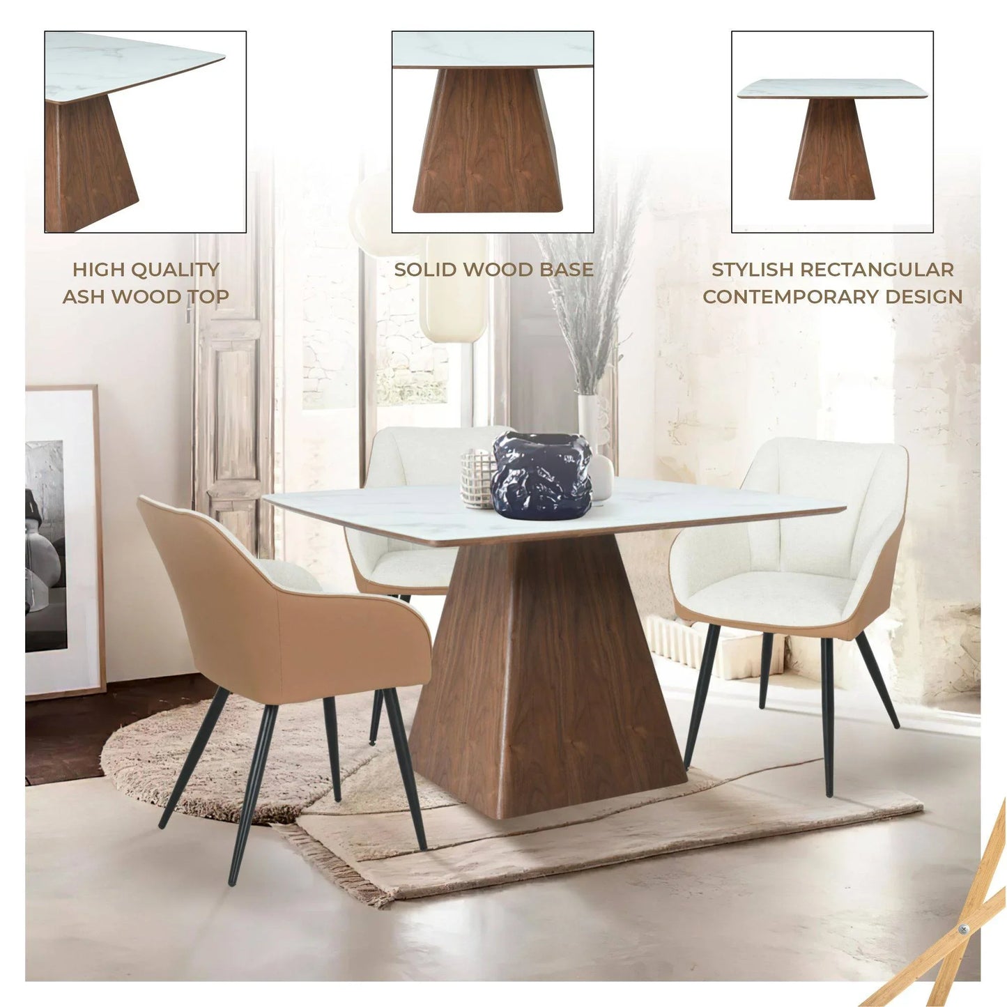 Zephyr 47" Square Dining Table with Sintered Stone Top and Ash Wood and Iron Base - Elax Furniture