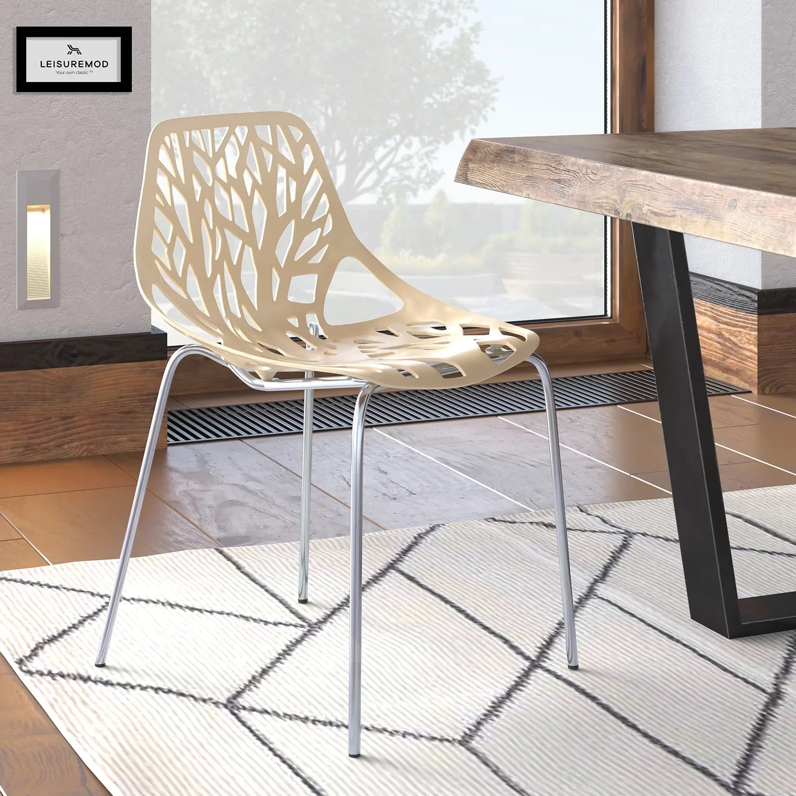Asbury Polypropylene Dining Side Chair with Forest Cut-Out Design in Chrome - Elax Furniture