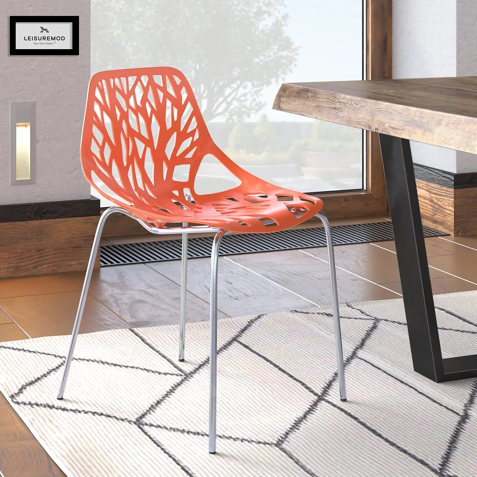 Asbury Polypropylene Dining Side Chair with Forest Cut-Out Design in Chrome - Elax Furniture