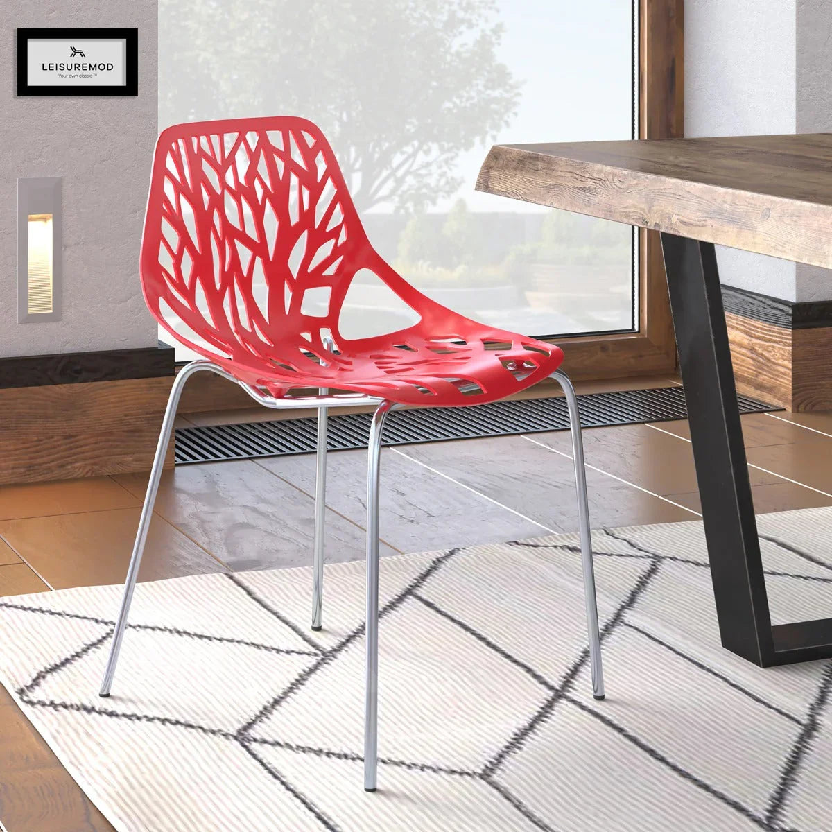 Asbury Polypropylene Dining Side Chair with Forest Cut-Out Design in Chrome - Elax Furniture
