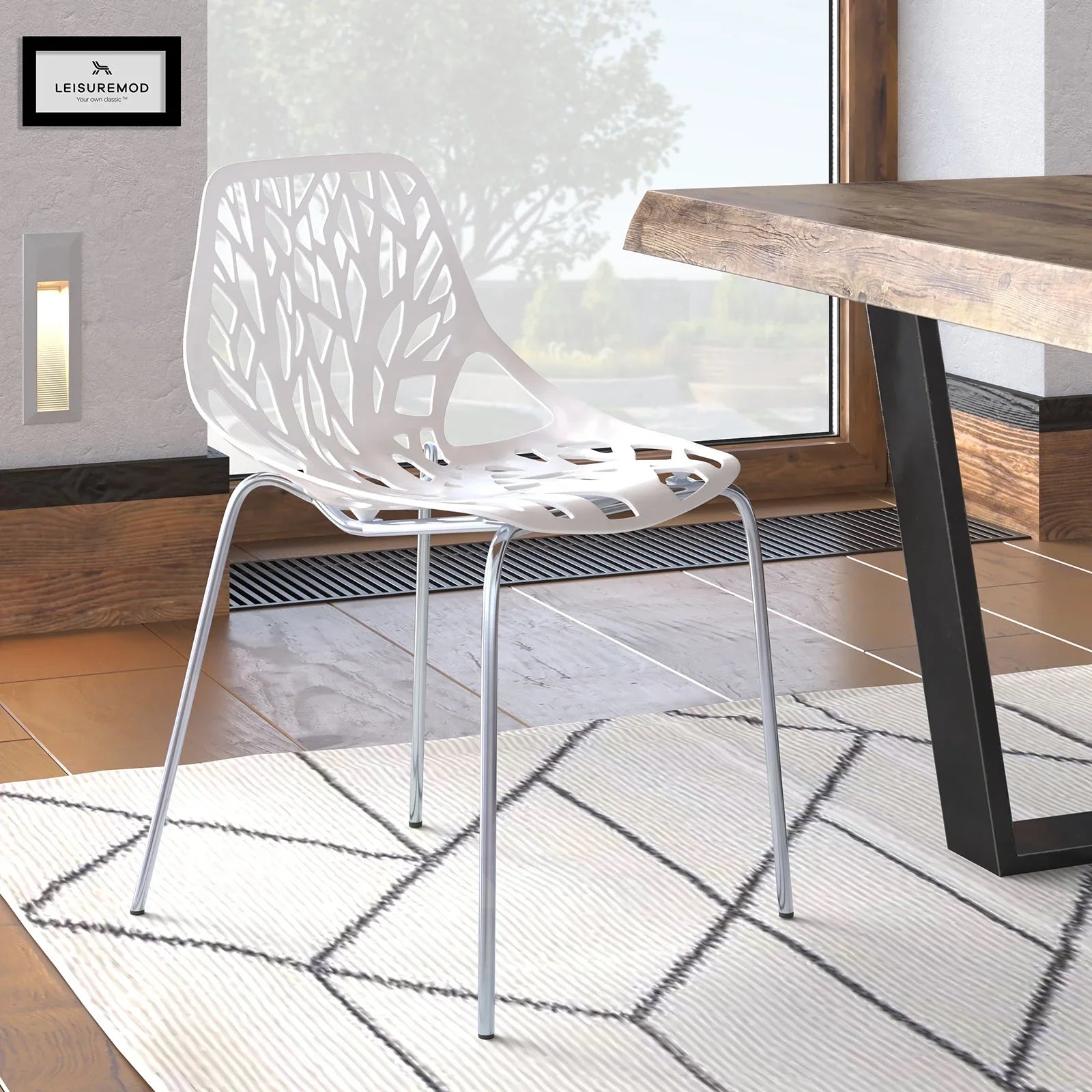 Asbury Polypropylene Dining Side Chair with Forest Cut-Out Design in Chrome - Elax Furniture