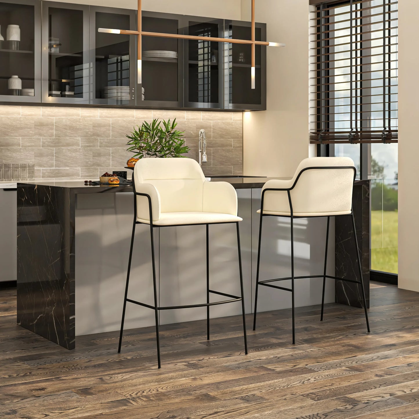 Axis 40" Bar Stool Ergonomic Pub Chair with Black Powder-Coated Stainless Steel Base and Footrest Set of 2 - Elax Furniture