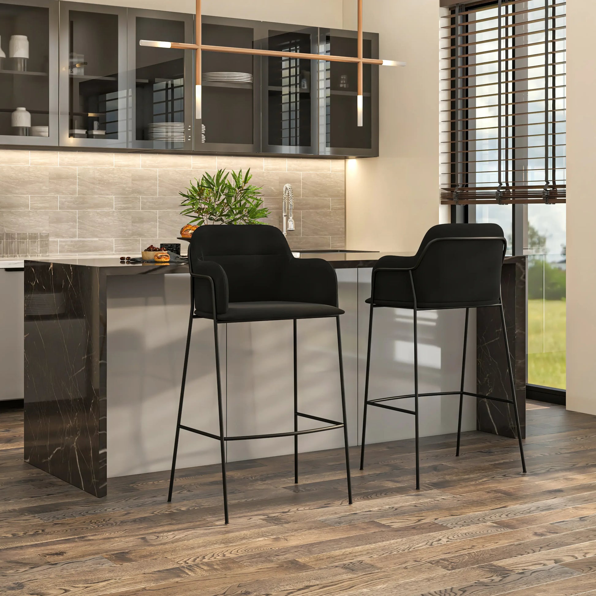 Axis 40" Bar Stool Ergonomic Pub Chair with Black Powder-Coated Stainless Steel Base and Footrest Set of 2 - Elax Furniture