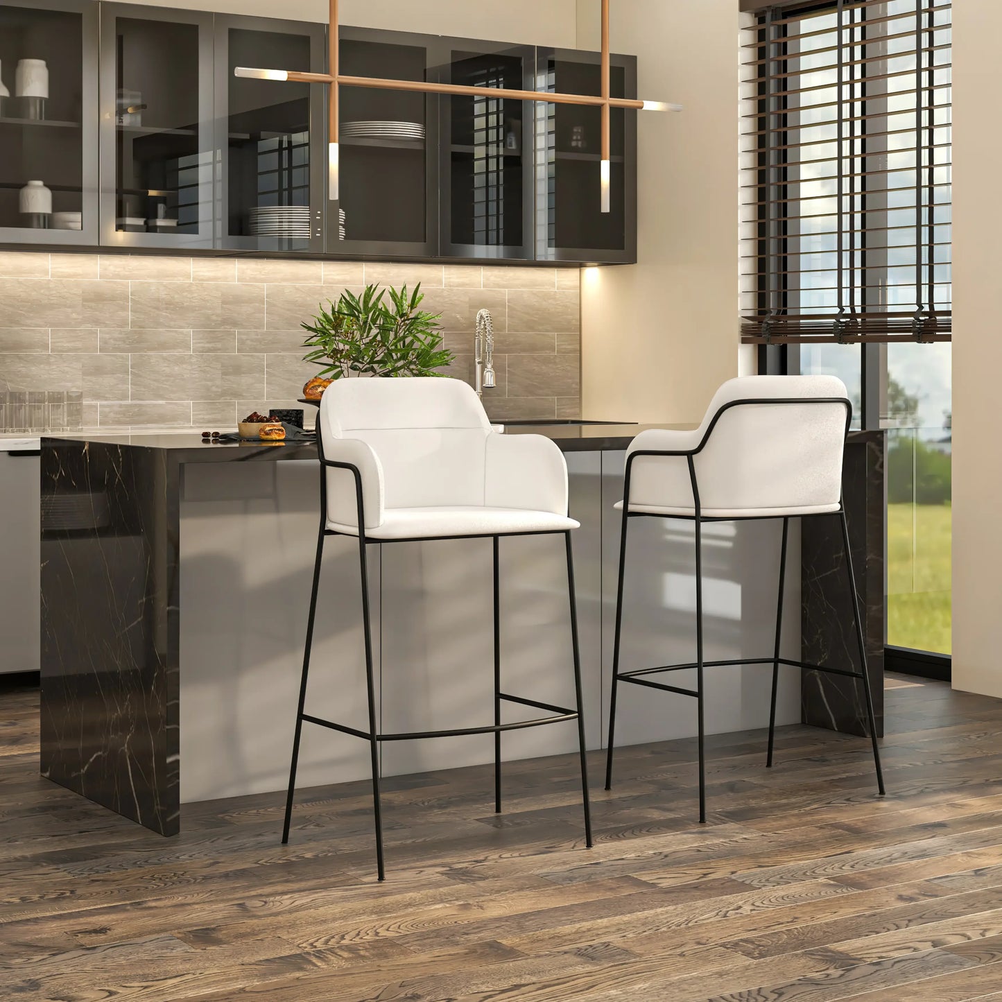 Axis 40" Bar Stool Ergonomic Pub Chair with Black Powder-Coated Stainless Steel Base and Footrest Set of 2 - Elax Furniture