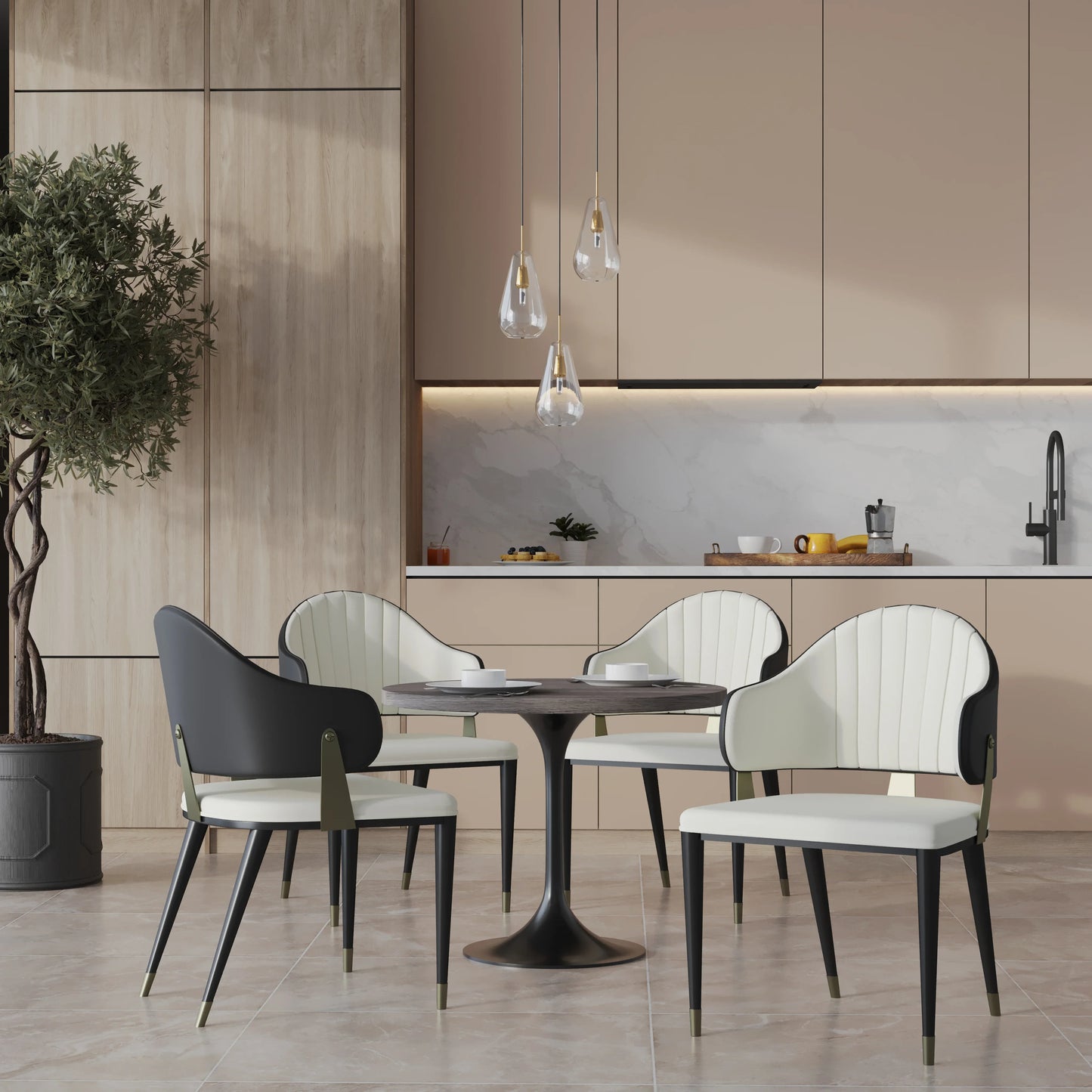 Verve 5-Piece Dining Set with 36" Round Resin Top Table and 4 Leather Dining Chair - Elax Furniture