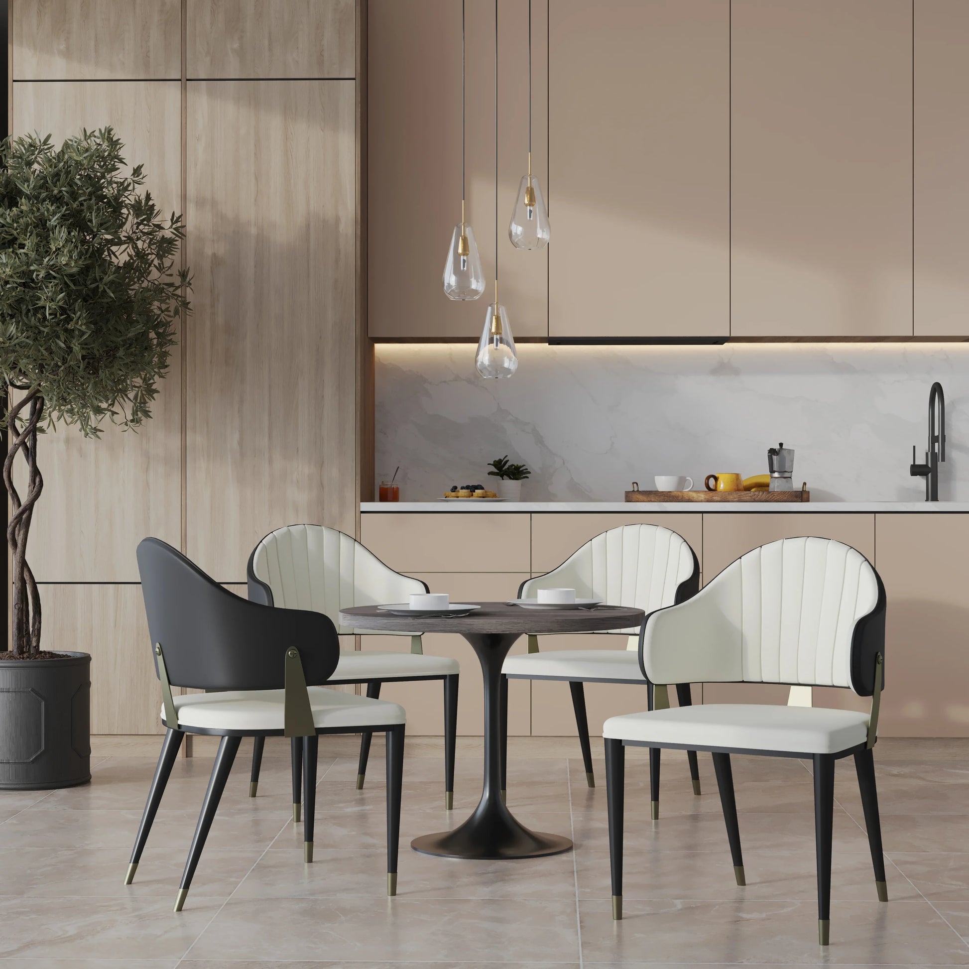 Verve 5-Piece Dining Set with 36" Round Resin Top Table and 4 Leather Dining Chair - Elax Furniture