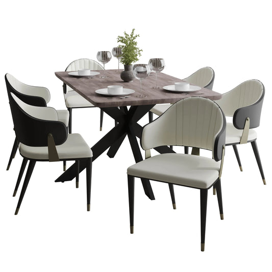 Ravenna 7-Piece Dining Set with Rectangular Dining Table in Rustic Gray MDF Top and 4 Leather/Velvet Dining Chairs - Elax Furniture