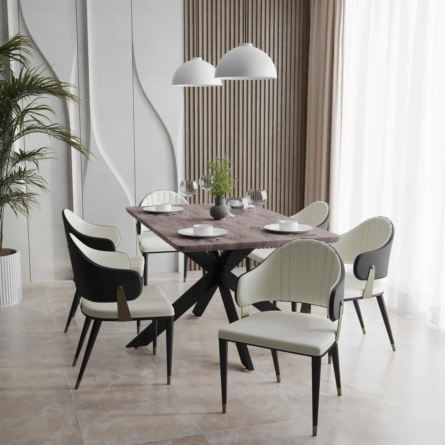 Ravenna 7-Piece Dining Set with Rectangular Dining Table in Rustic Gray MDF Top and 4 Leather/Velvet Dining Chairs - Elax Furniture