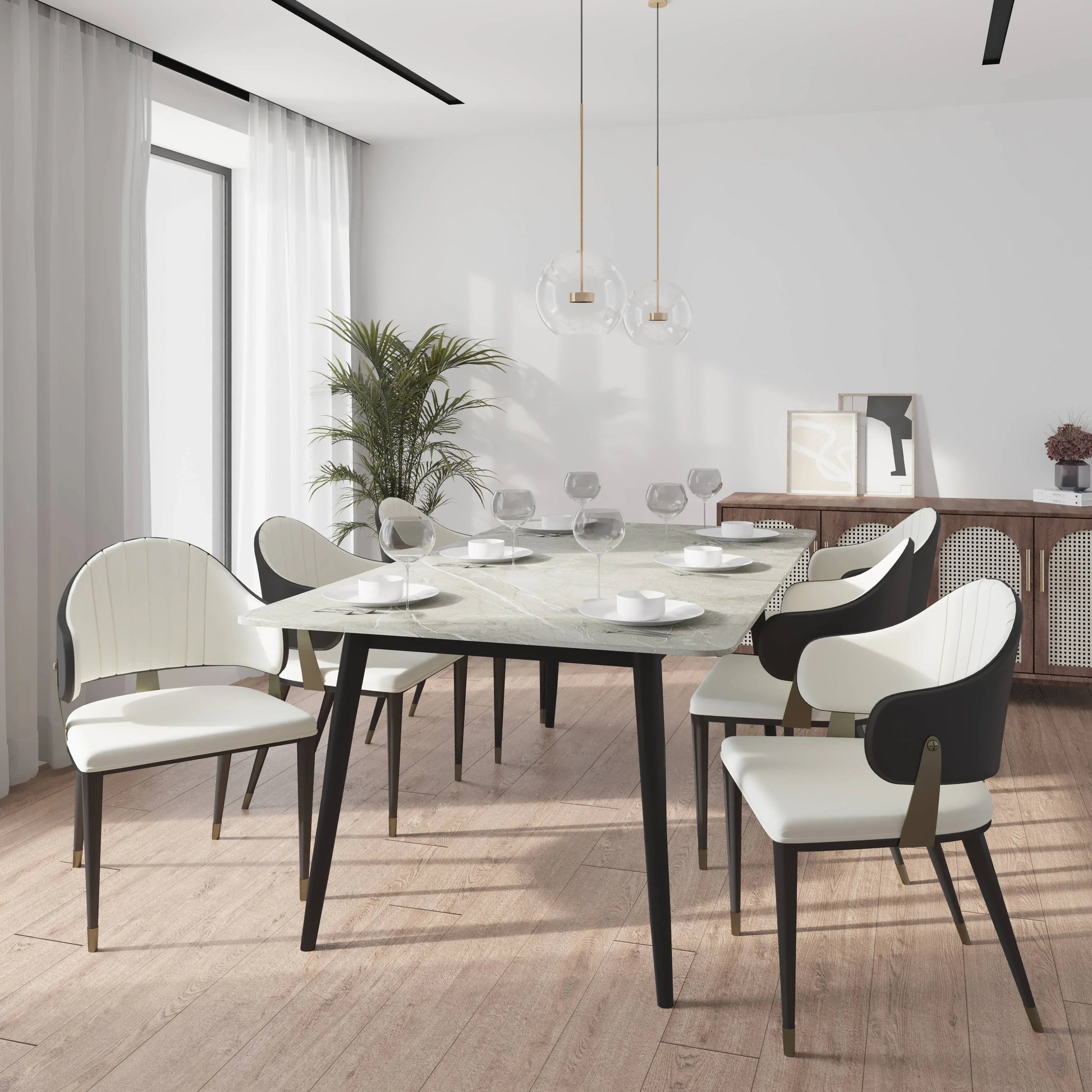 Zayle 7-Piece Dining Set with 55" Rectangular Sintered Stone Top Table and 4 Leather Dining Chair - Elax Furniture