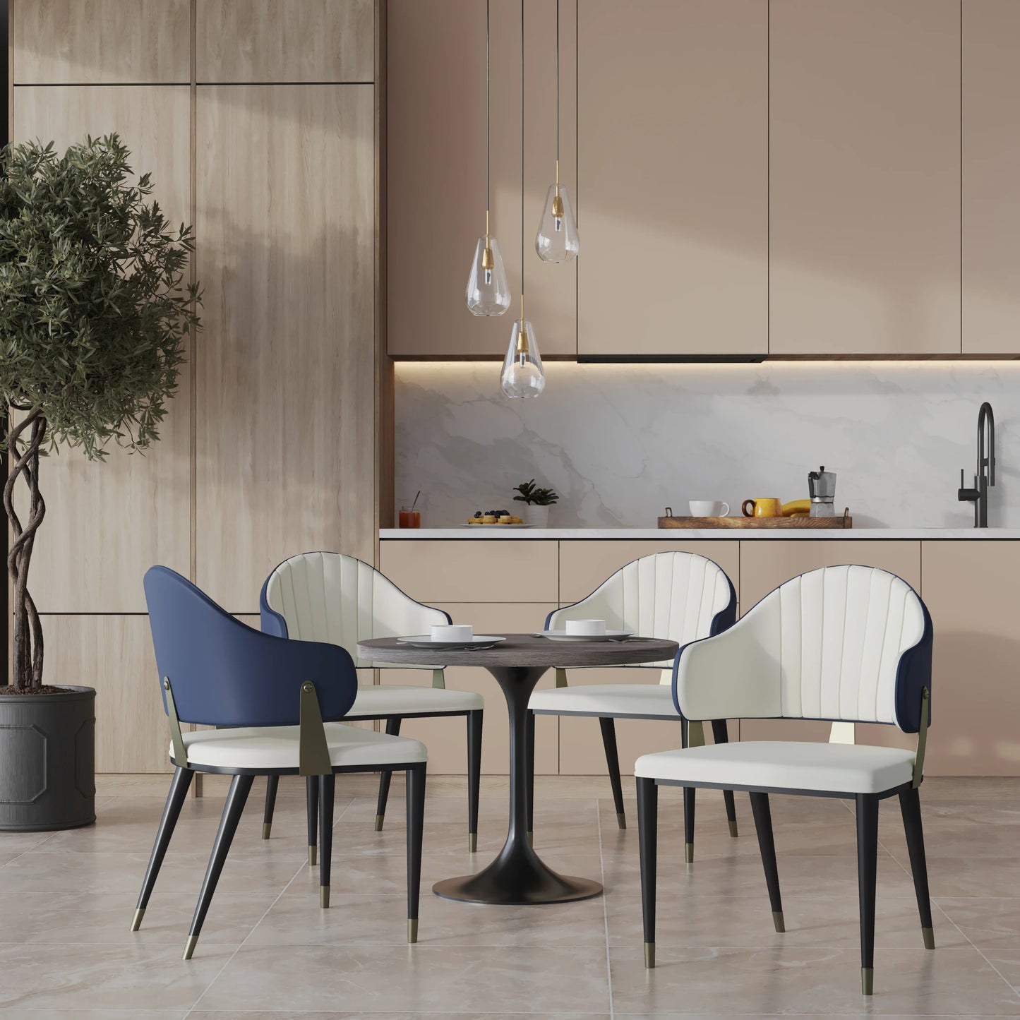 Verve 5-Piece Dining Set with 36" Round Resin Top Table and 4 Leather Dining Chair - Elax Furniture