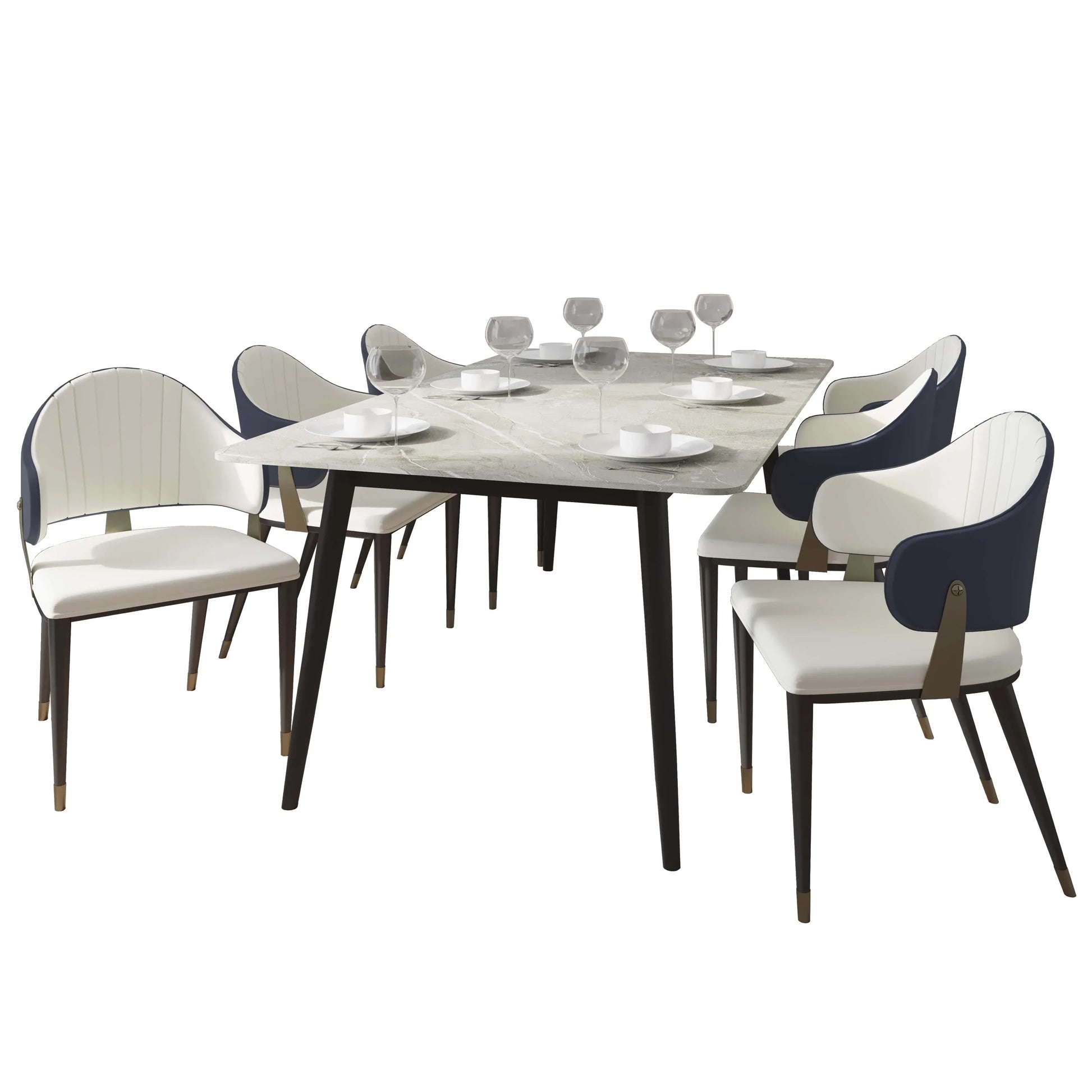 Zayle 7-Piece Dining Set with 55" Rectangular Sintered Stone Top Table and 4 Leather Dining Chair - Elax Furniture