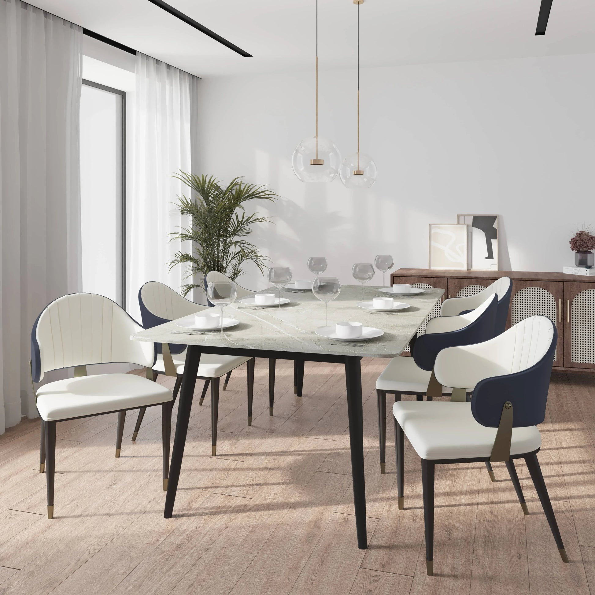 Zayle 7-Piece Dining Set with 55" Rectangular Sintered Stone Top Table and 4 Leather Dining Chair - Elax Furniture