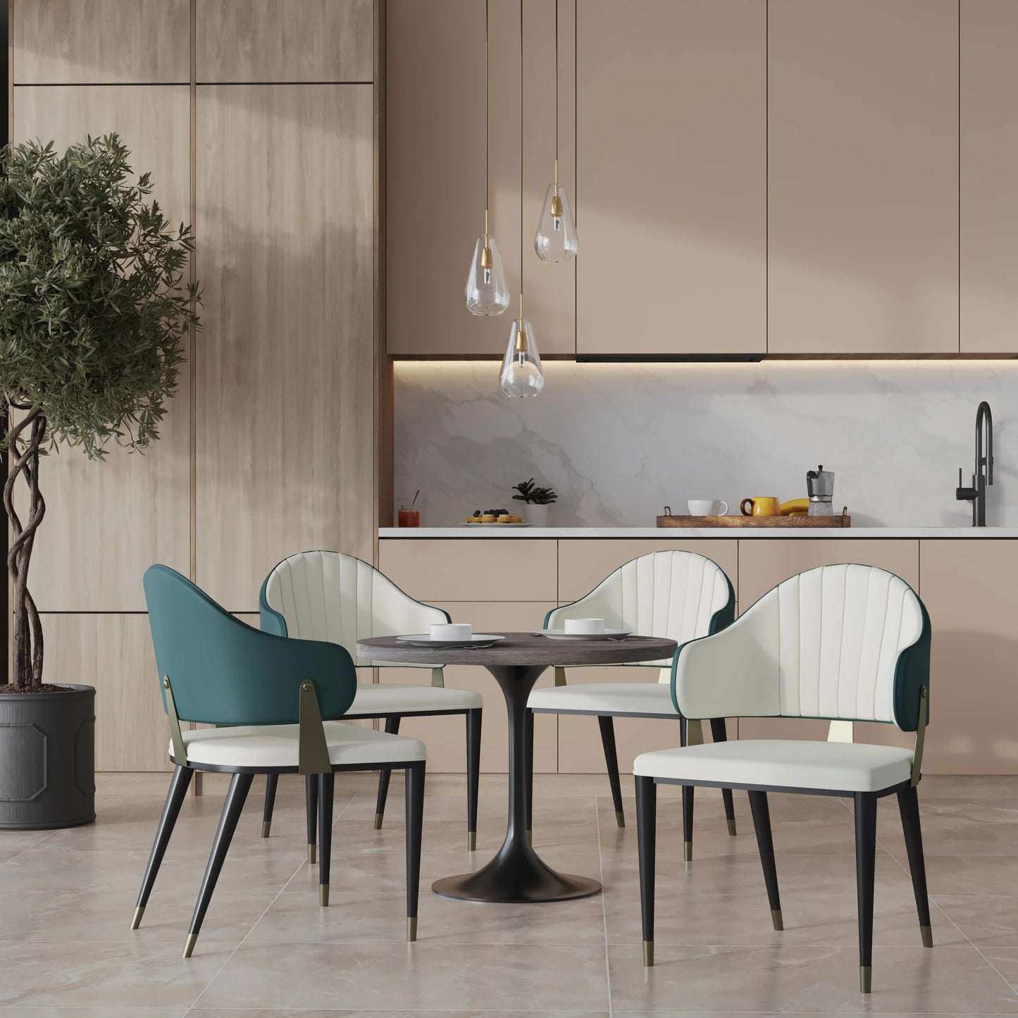 Verve 5-Piece Dining Set with 36" Round Resin Top Table and 4 Leather Dining Chair - Elax Furniture