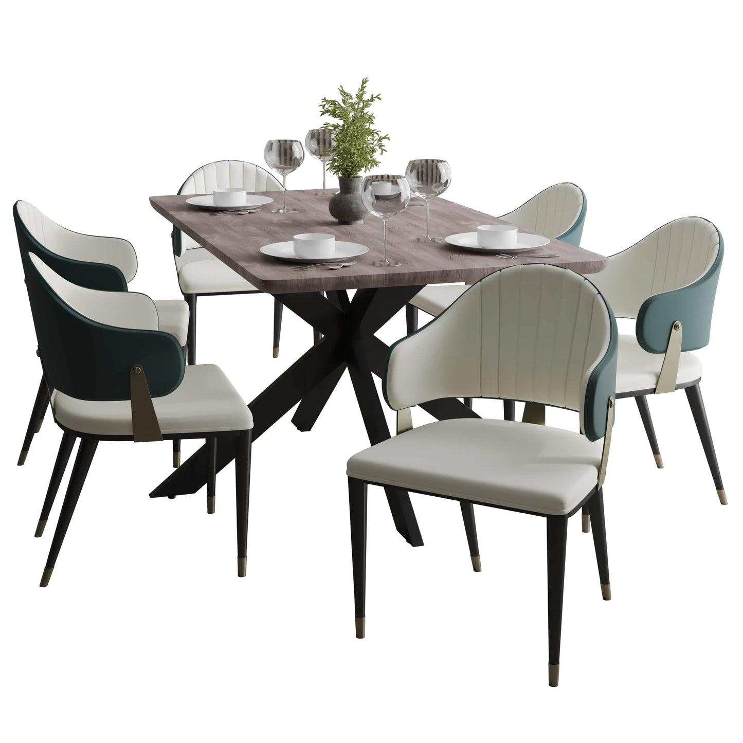 Ravenna 7-Piece Dining Set with Rectangular Dining Table in Rustic Gray MDF Top and 4 Leather/Velvet Dining Chairs - Elax Furniture