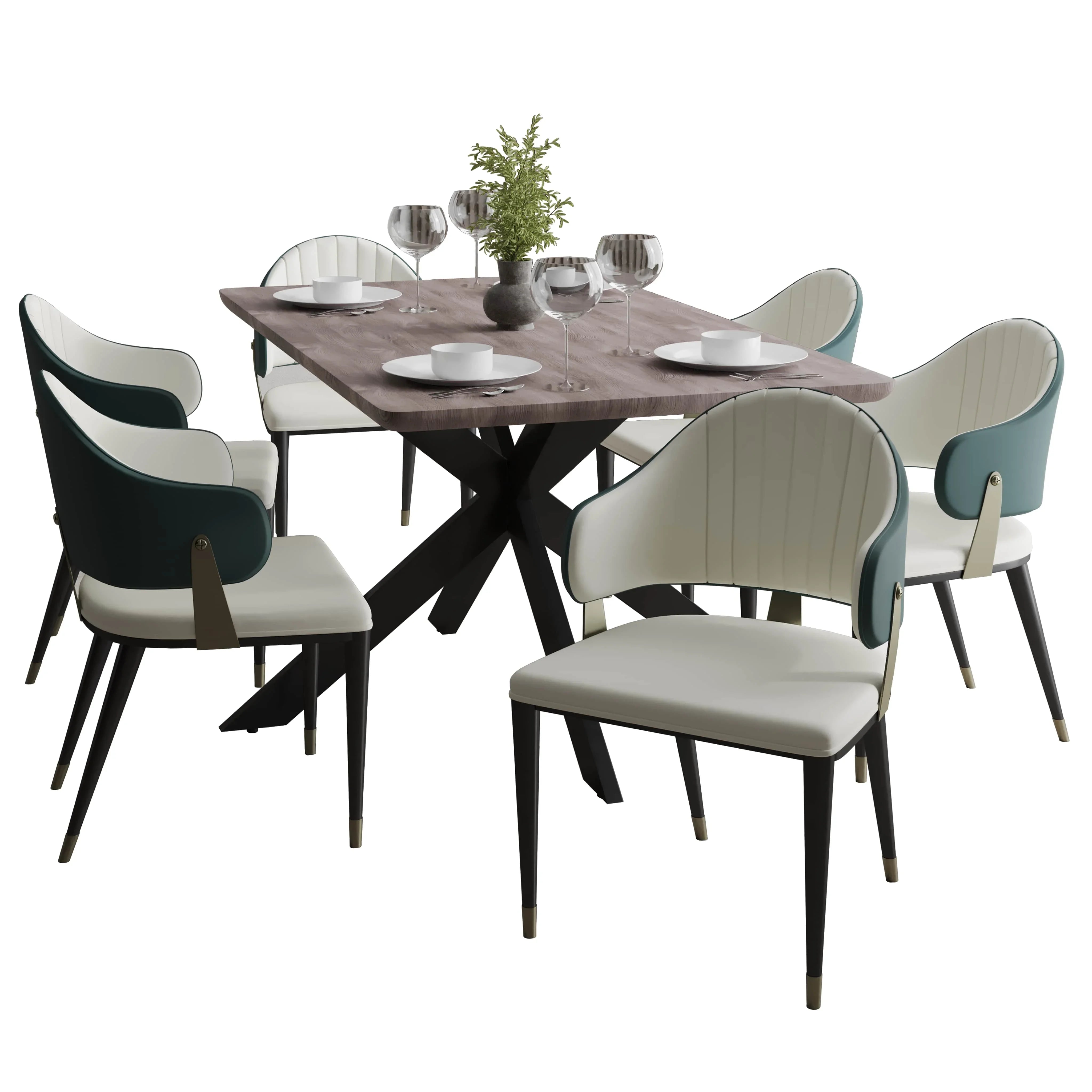 Ravenna 7-Piece Dining Set with Rectangular Dining Table in Rustic Gray MDF Top and 4 Leather/Velvet Dining Chairs - Elax Furniture