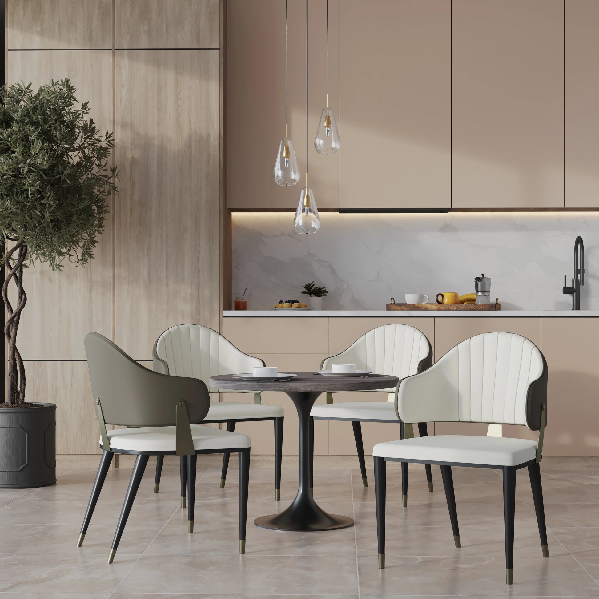 Verve 5-Piece Dining Set with 36" Round Resin Top Table and 4 Leather Dining Chair - Elax Furniture